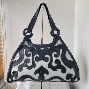 LEADERS In LEATHER, Vintage B/W Leather Tooled Bucket Bag w/Matching Wallet